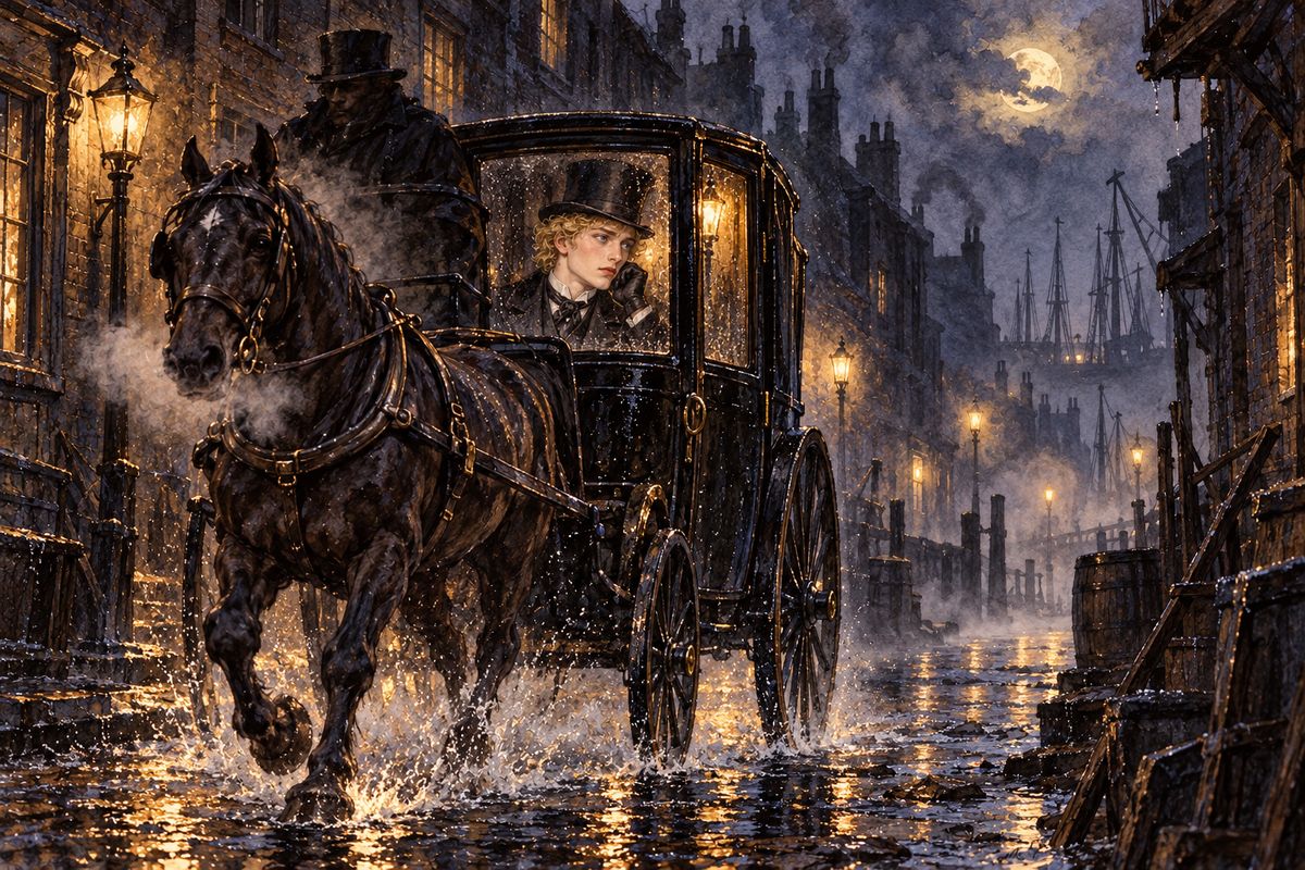 A cold rain fell as Dorian's hansom rattled east through fog-choked slums toward the river. Lying back with his hat pulled low, he kept repeating Lord Henry's words: "To cure the soul by means of the senses." He meant to buy forgetfulness for Basil's murder in the opium dens by the docks.