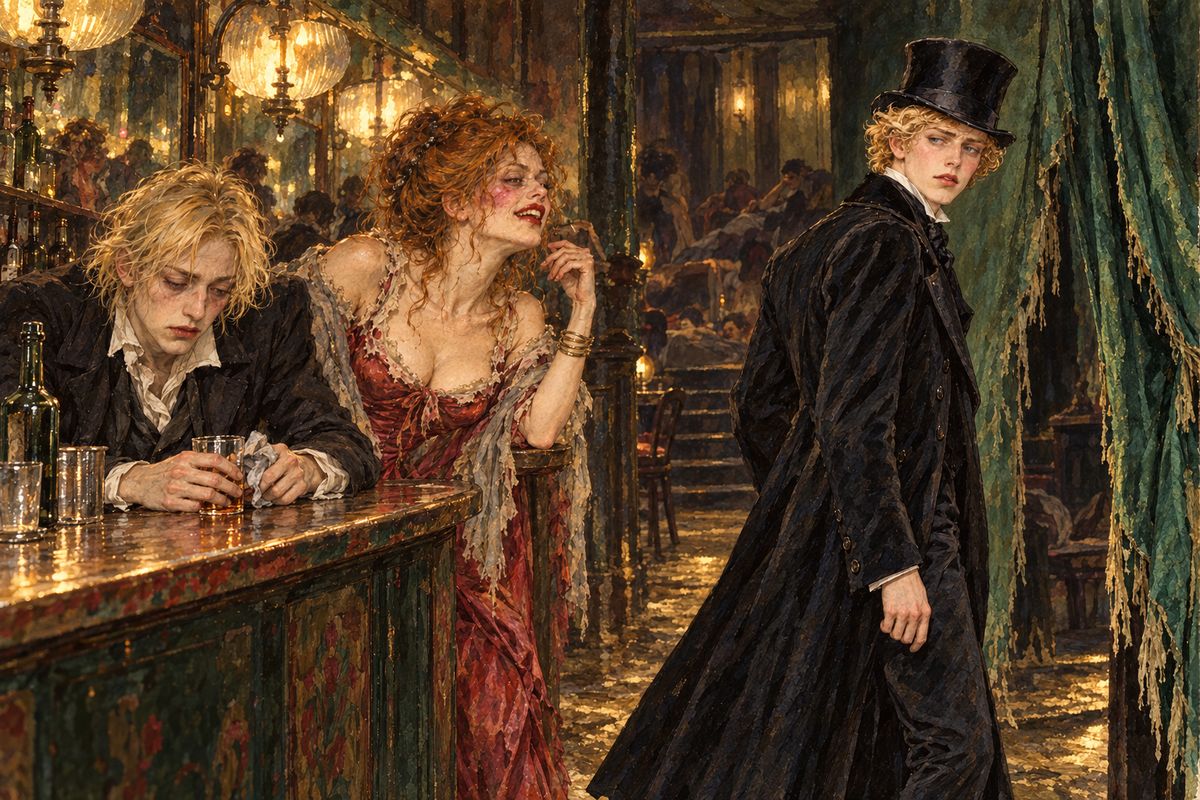 In a squalid den by the quay, Dorian found Adrian Singleton, once his young friend, now a ruin whom no one would speak to. At the bar a painted woman pocketed Dorian's money, then jeered as he left: "Prince Charming is what you like to be called, ain't it?" Behind her, a sailor dozing at a table sprang up and rushed out after him.