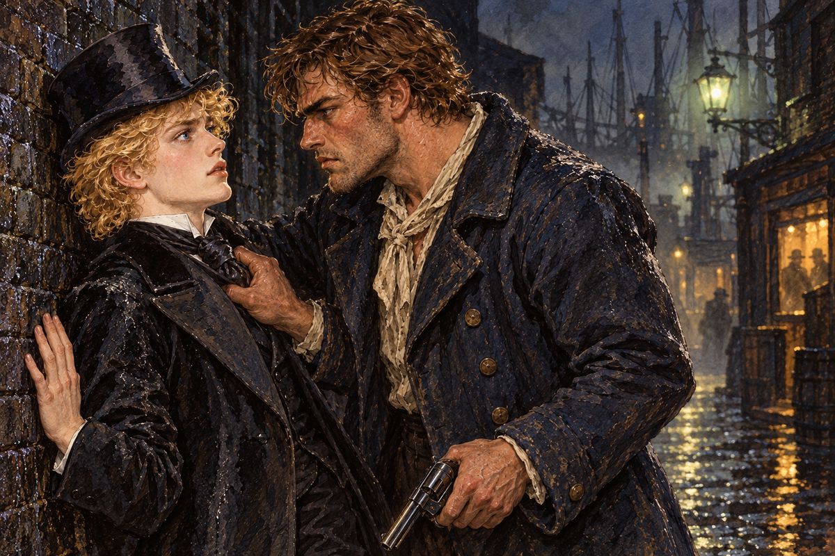 Hurrying along the drizzling quay, Dorian cut through a dark archway. A hand seized his throat and slammed him against the wall, and a revolver clicked at his head. "You wrecked the life of Sibyl Vane," the sailor growled, "and Sibyl Vane was my sister." He was James Vane, and he had hunted 'Prince Charming' for years.