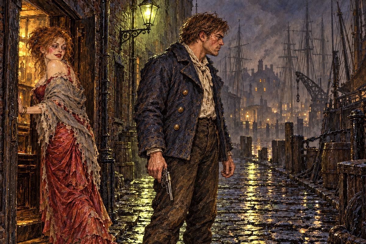As James stood trembling, the painted woman slid out of the shadows. "It's nigh on eighteen years since Prince Charming made me what I am," she hissed, swearing that he had sold himself to the devil for a pretty face and had hardly aged. James broke from her and ran to the corner, but Dorian Gray had vanished.