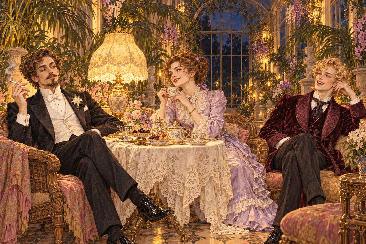 A week later Dorian sat at tea in the lamp-lit conservatory at Selby Royal with his guests. Lord Henry traded quick lines with his flirtatious cousin, the Duchess of Monmouth. "I give the truths of to-morrow," he said. "I prefer the mistakes of to-day," she answered, and when she asked Dorian whether he had found pleasure, he laughed: "Often. Too often."