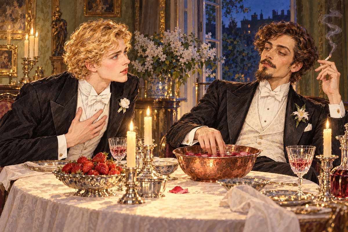 One May evening, over strawberries at Harry's table, Dorian said he meant to be good. He had spared Hetty, a village girl as lovely as Sibyl, and left her crying in her apple orchard. Harry smiled and called it vanity, then wondered if she was floating like Ophelia in a mill-pond. "You mock at everything," Dorian cried.