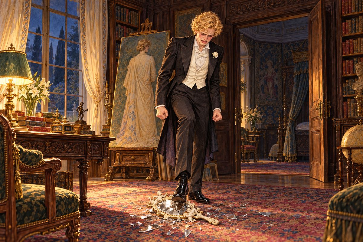 Alone in his library, he took up the carved mirror Lord Henry had given him years ago, framed in laughing white Cupids. He loathed the lovely face in it. It was his beauty that had ruined him, he thought, and he flung the mirror down and crushed it into silver splinters beneath his heel.