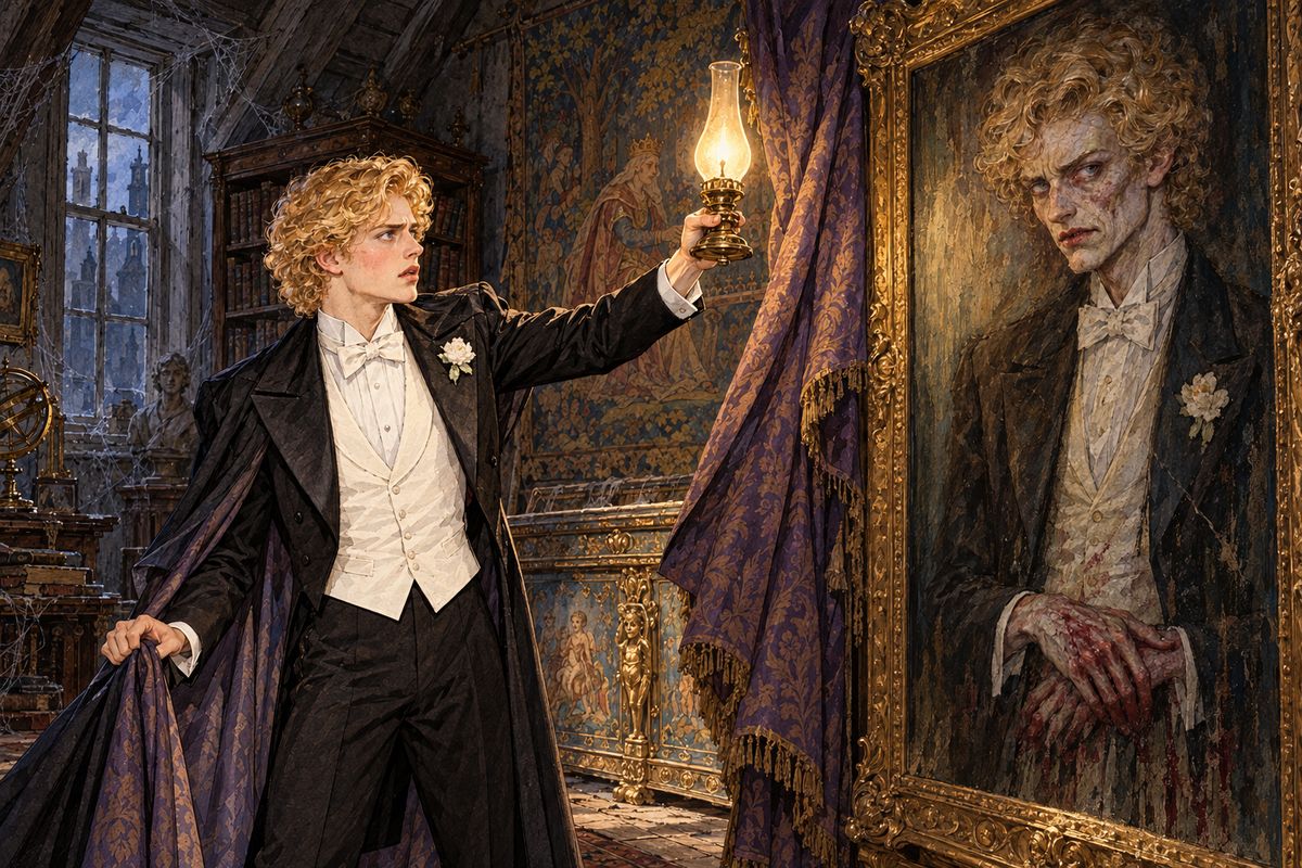 Hoping his good deed had softened the portrait, he crept upstairs with the lamp and dragged the purple hanging away. A cry broke from him. The face was worse: cunning in the eyes, a hypocrite's sneer on the mouth, and the red stain spreading over the wrinkled fingers. His goodness, he saw, had been only vanity.