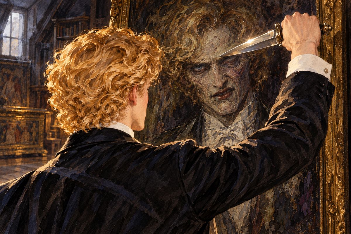 The picture was the last evidence against him, and it had been like a conscience. He saw the knife that had killed Basil Hallward, cleaned many times until it shone. As it had killed the painter, so it would kill the painter's work, and he would be free. He seized it and stabbed the canvas.