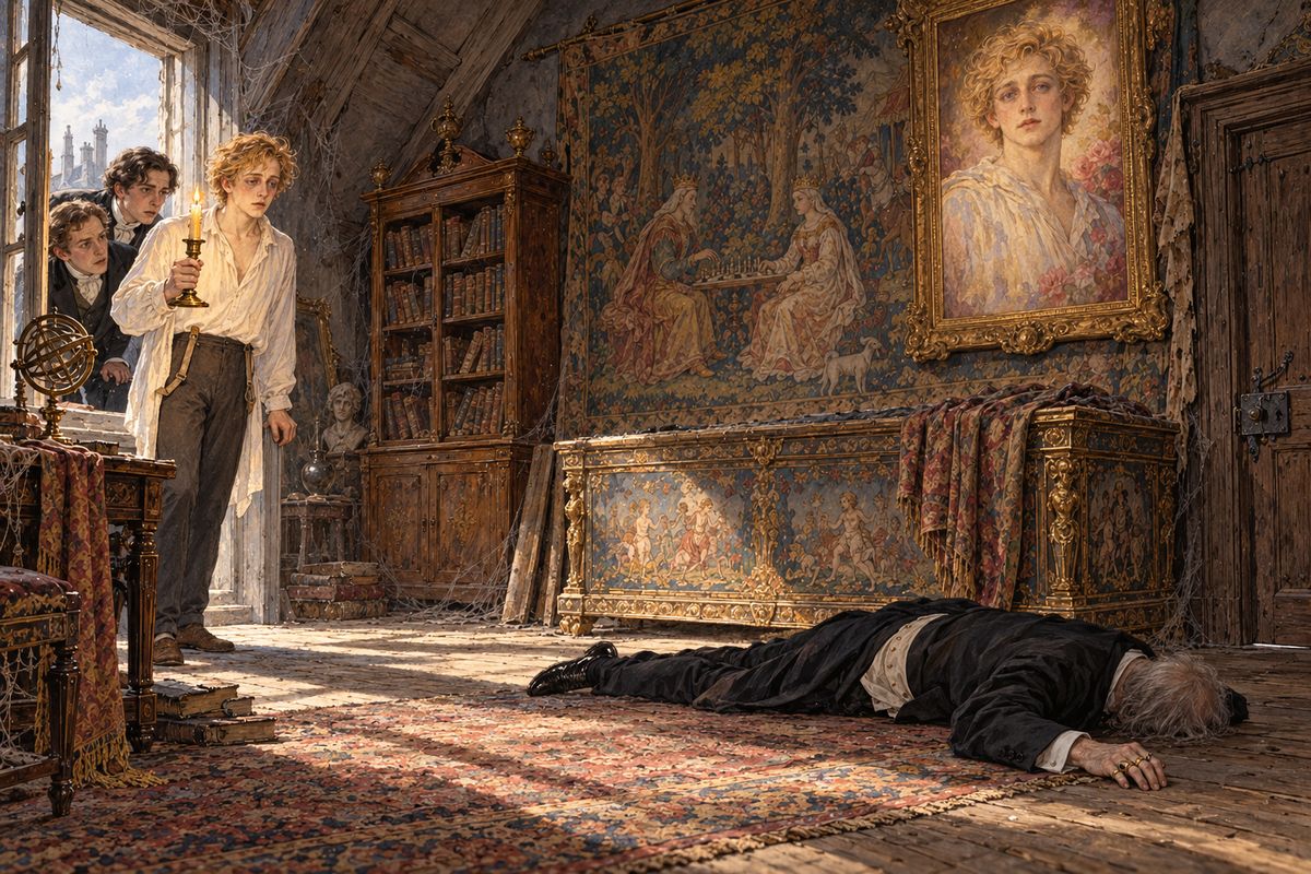 A terrible cry woke the house. Francis and two other servants found the door locked, so they climbed onto the roof and dropped to the balcony. On the wall hung their master as they remembered him, young and beautiful. On the floor lay a withered old man in evening dress, a knife in his heart. Only his rings told them who he was.
