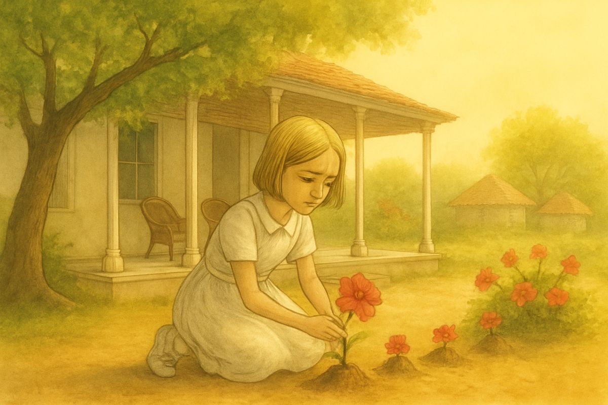 Nothing was done in its usual order that morning, and the servants hurried by with ashy, scared faces. Left alone, Mary wandered into the garden and stuck scarlet hibiscus blossoms into little heaps of earth, muttering, “Pig! Pig! Daughter of Pigs!” at the Ayah who had not come.