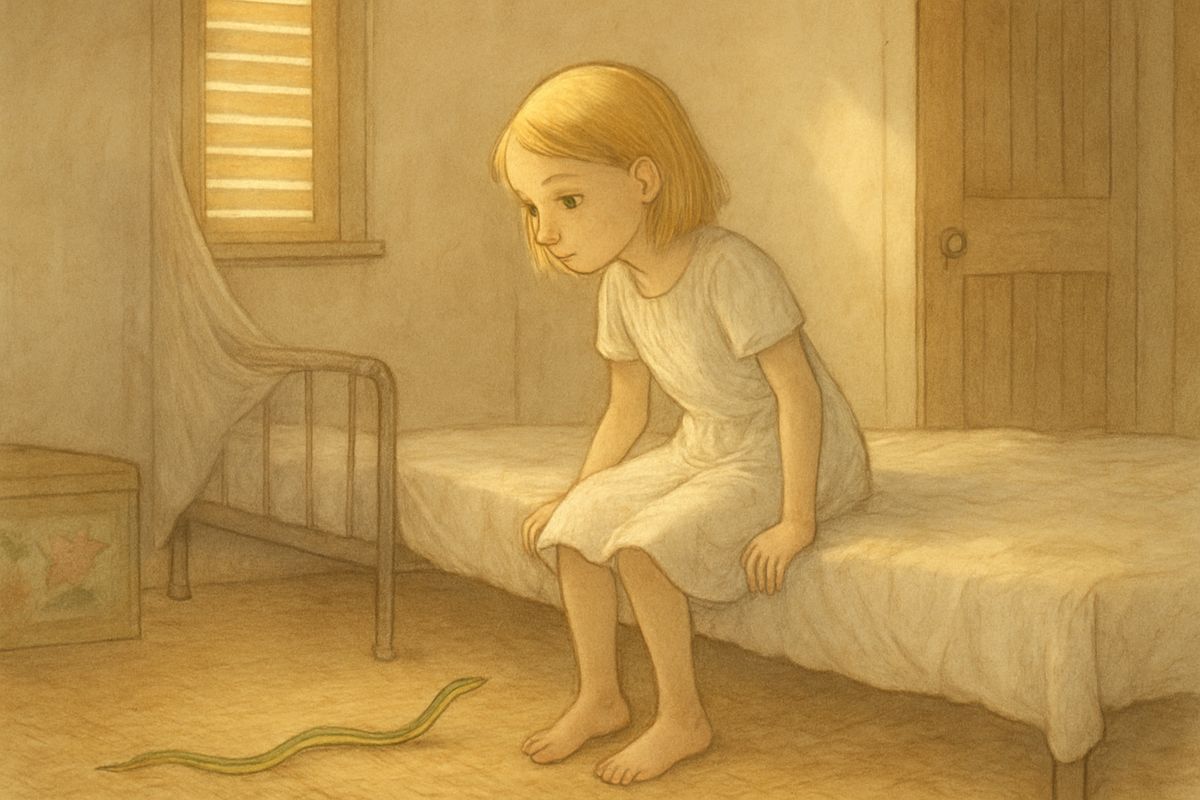 When she woke, the house was perfectly still. Mary wondered if everyone had got well and who would look after her now. Nobody came. Only a little snake rustled across the matting, watched her with jewel-bright eyes, and slipped under the door. “It sounds as if there were no one in the bungalow but me and the snake.”