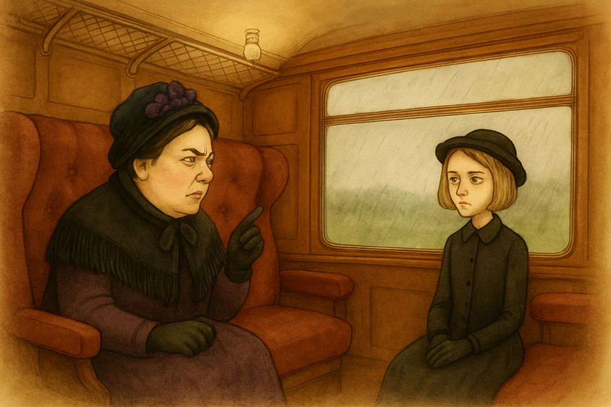 After the long voyage, Mary was handed over in London to her uncle’s housekeeper, Mrs. Medlock, a stout woman in a very purple dress whose bonnet flowers trembled when she moved. The two disliked each other at once. On the rainy train north, Mrs. Medlock told her of the house: six hundred years old, with nearly a hundred locked rooms, and a master grieving for his dead wife.