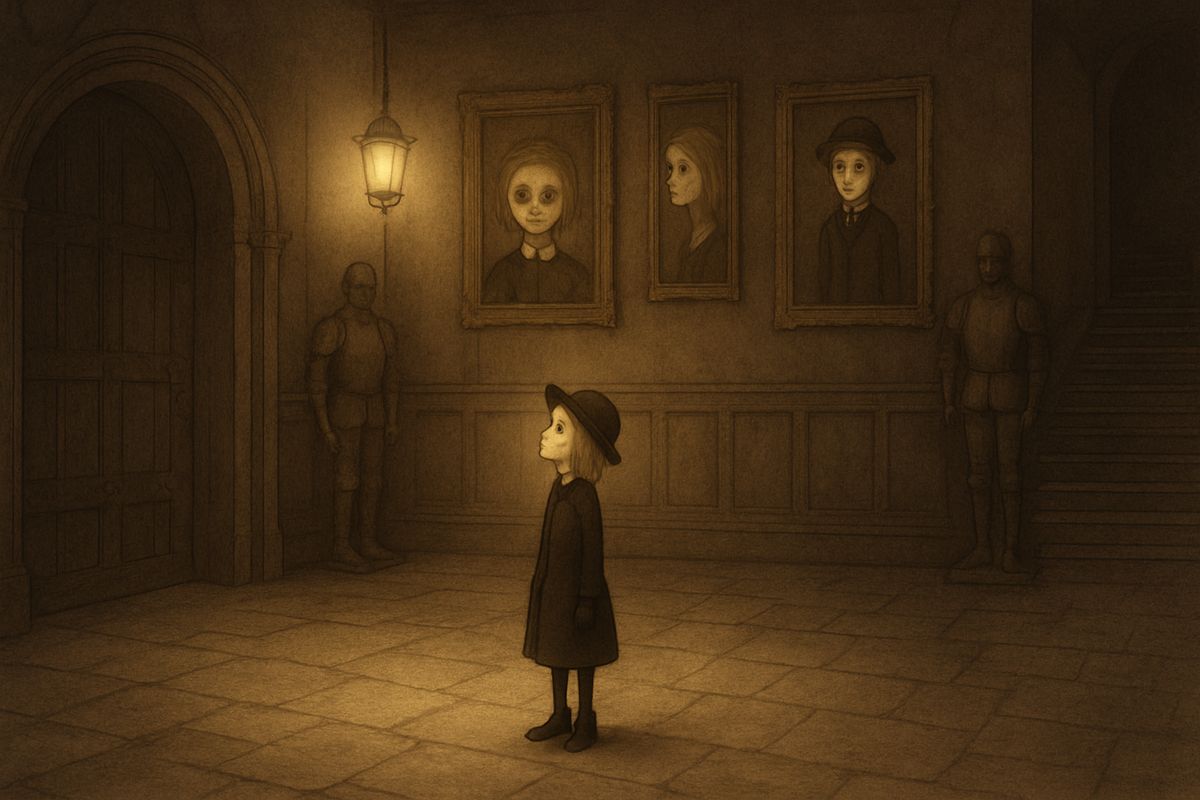 The house rambled round a stone court with hardly a light in it. Its huge oak door, studded with iron nails and bound with iron bars, opened into an enormous dim hall, where the painted faces and the suits of armour made Mary not want to look. On the stone floor she was a very small, odd black figure, and she felt as lost as she looked.