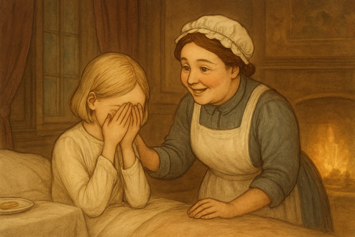 Mary ordered Martha about as she had ordered her Ayah in India, and when Martha cheerfully told her to dress herself, she flew into a rage. Then, suddenly lonely, she sobbed into her pillow. "Eh! you mustn't cry like that there," begged Martha. Her rough kindness calmed Mary, who began to listen as Martha chattered about her mother and her brother Dickon, whom wild creatures on the moor followed.