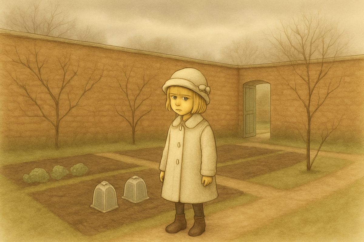 Martha sent her out to play, mentioning that one garden had been locked for ten years: Mr. Craven had shut it when his wife died, and buried the key. Wondering about it, Mary wandered through bare wintry lawns into the walled kitchen-gardens, one opening into the next through green doors. There was nothing pretty about them now.