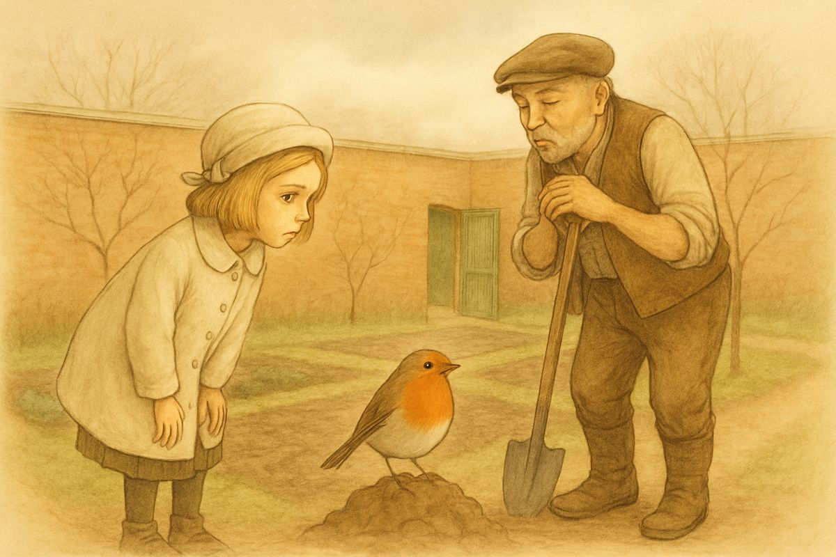 When Mary mentioned a red-breasted bird, surly old Ben Weatherstaff smiled and whistled softly, and the robin flew down beside his boot. "I'm lonely," Mary said, finding it out as the robin looked at her. Ben said he was lonely too, except for the robin, his only friend. The brood had scattered, and the little bird had been lonely as well.