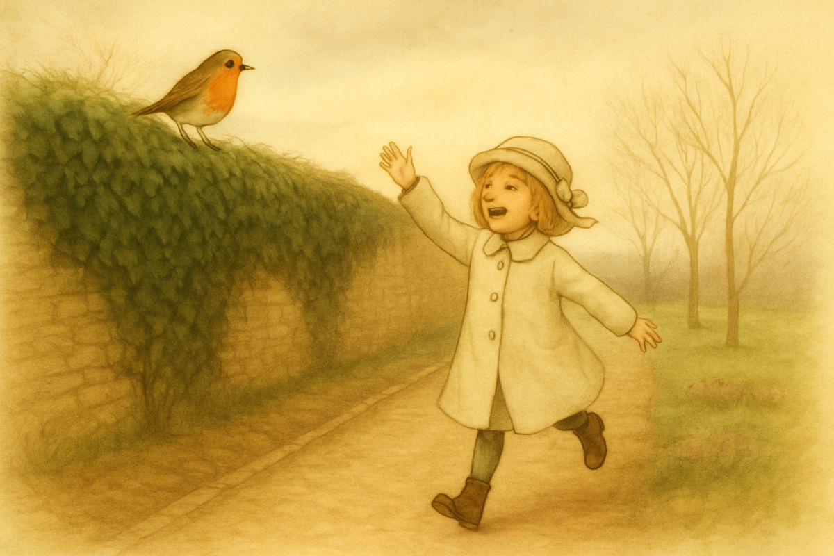 Day after day Mary ran in the wind from the moor until her cheeks grew pink, and one morning she was hungry enough to empty her porridge bowl. Along the long ivied wall the robin found her again and hopped ahead, chirping. "I like you! I like you!" she cried, running after him. But however she searched, the wall had no door.