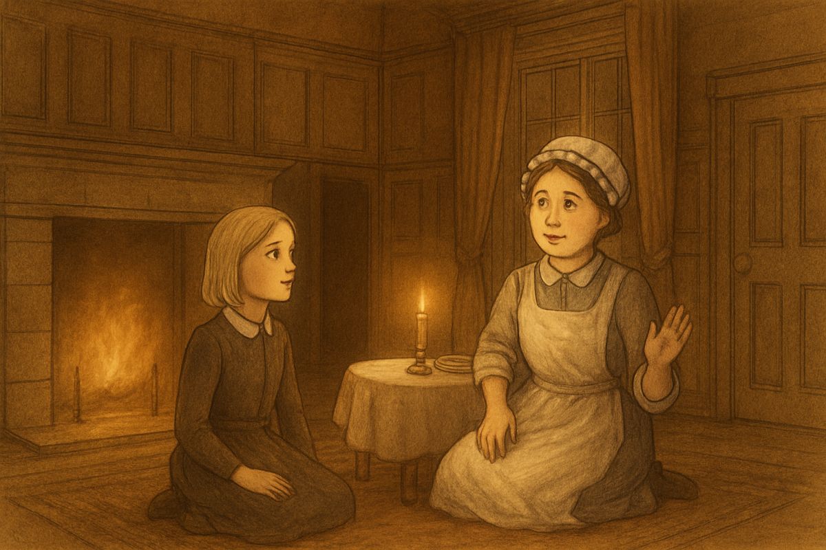 That night, by the fire, Martha told why Mr. Craven hated the garden: his young wife used to sit on a rose-covered branch there, and one day it broke, and she died. As the wind wuthered, Mary heard a far-off crying somewhere inside the house. Martha looked confused. "It was th' wind," she said, "or Betty Butterworth, th' scullery-maid. She's had th' toothache all day." Mary did not believe her.