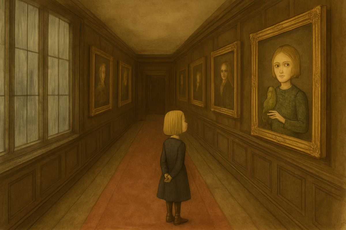 Next day the rain poured down, so Mary set out alone to count the hundred rooms. Corridors led to corridors, and in a long gallery the portraits seemed to stare back at her. One stiff, plain little girl in green brocade held a green parrot on her finger. "Where do you live now?" Mary asked her. "I wish you were here."