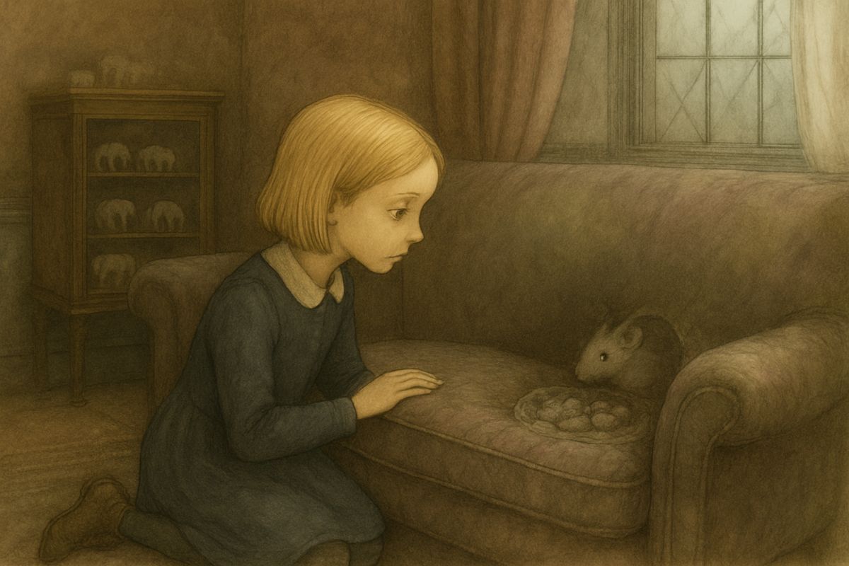 Behind doors that opened slowly and heavily she found room after room. In a velvet sitting-room she played for a long while with about a hundred little ivory elephants, then heard a rustle. In a hole in a sofa cushion a grey mouse peeped out, with six babies asleep beside her. Here at least were seven creatures who did not look lonely at all.