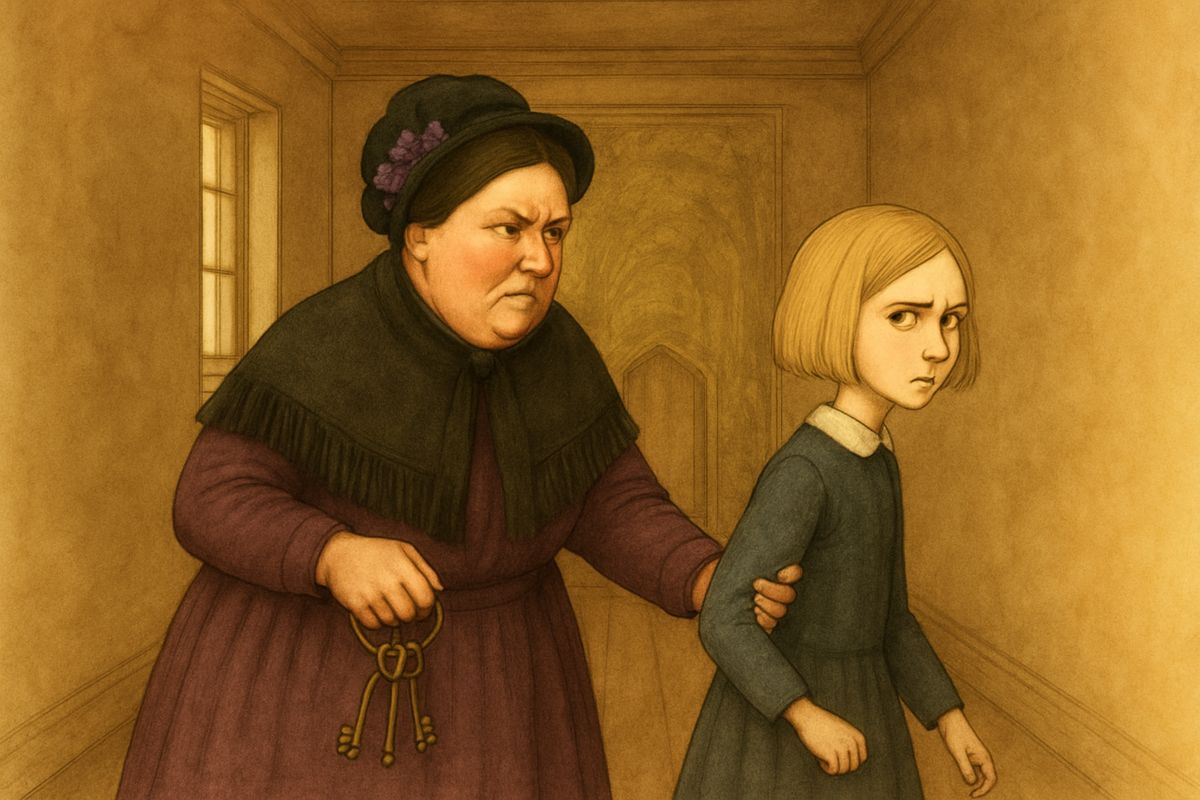 Lost on the way back, Mary heard a short, fretful cry through the walls. She touched a tapestry and it fell open as a door, and there was Mrs. Medlock, keys in hand and very cross. She pulled Mary back to her room and slammed the door. Mary sat pale with rage on the hearth-rug. "There was someone crying—there was—there was!"