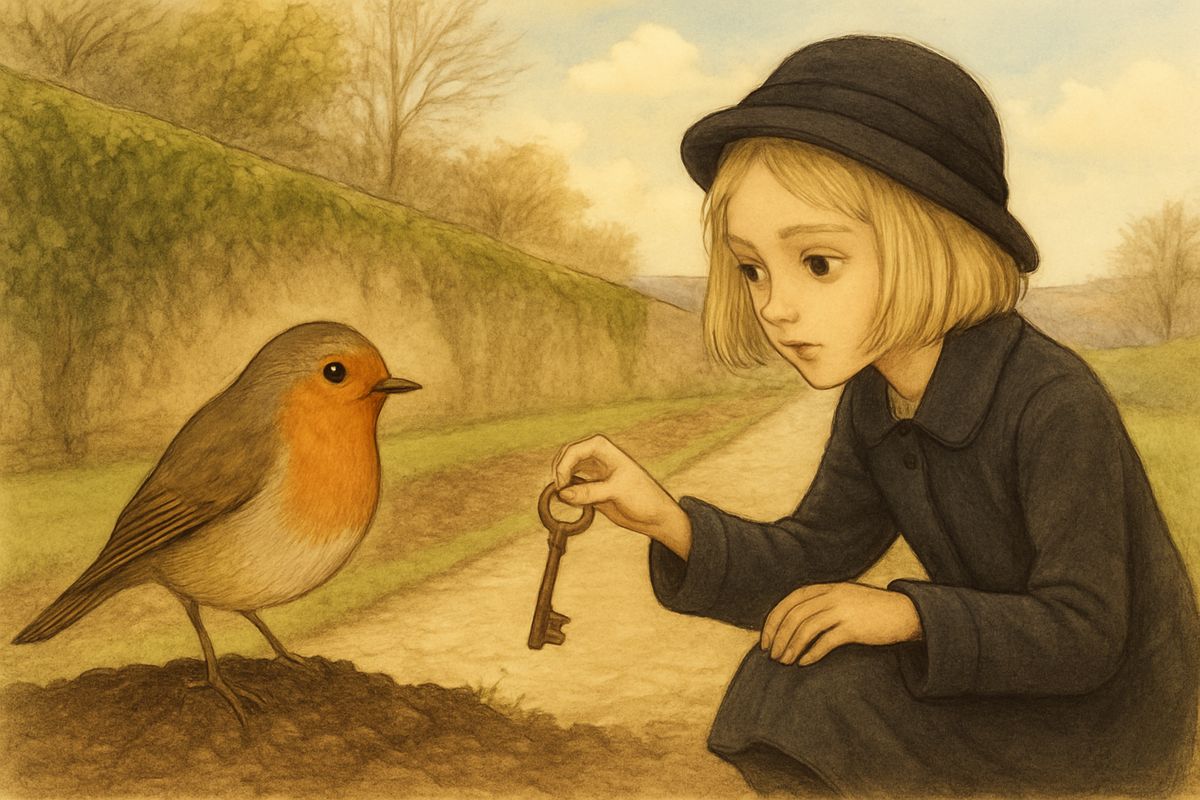 When the storm blew away, the sky was a brilliant, sparkling blue. Asked by Martha how she liked herself, Mary thought, then said, "Not at all—really." Out on her walk the robin followed her and hopped onto a patch of freshly dug earth. In the soil Mary saw a rusty ring. It was an old key that looked as if it had been buried a long time.