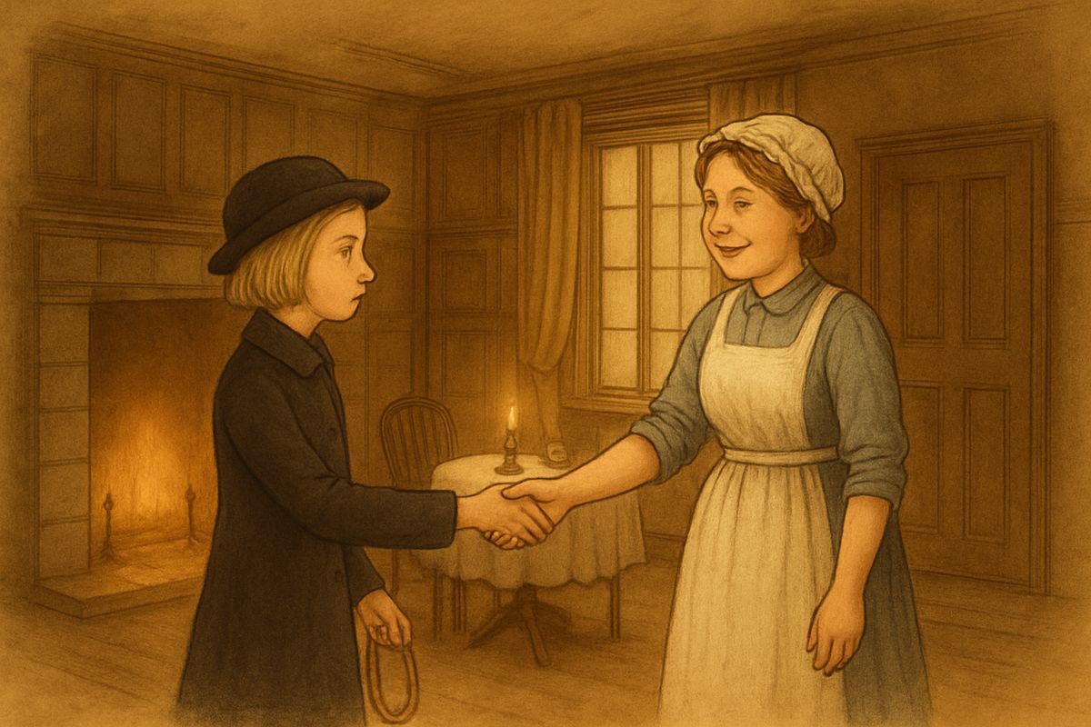 After her day at home Martha brought Mary a present: a skipping-rope with red and blue handles, bought with tuppence from her own wages. Mary had never seen one. When she had tried it, she turned back at the door and stiffly held out her hand. "It was your two-pence really. Thank you." Soon she was skipping all through the gardens, cheeks red.