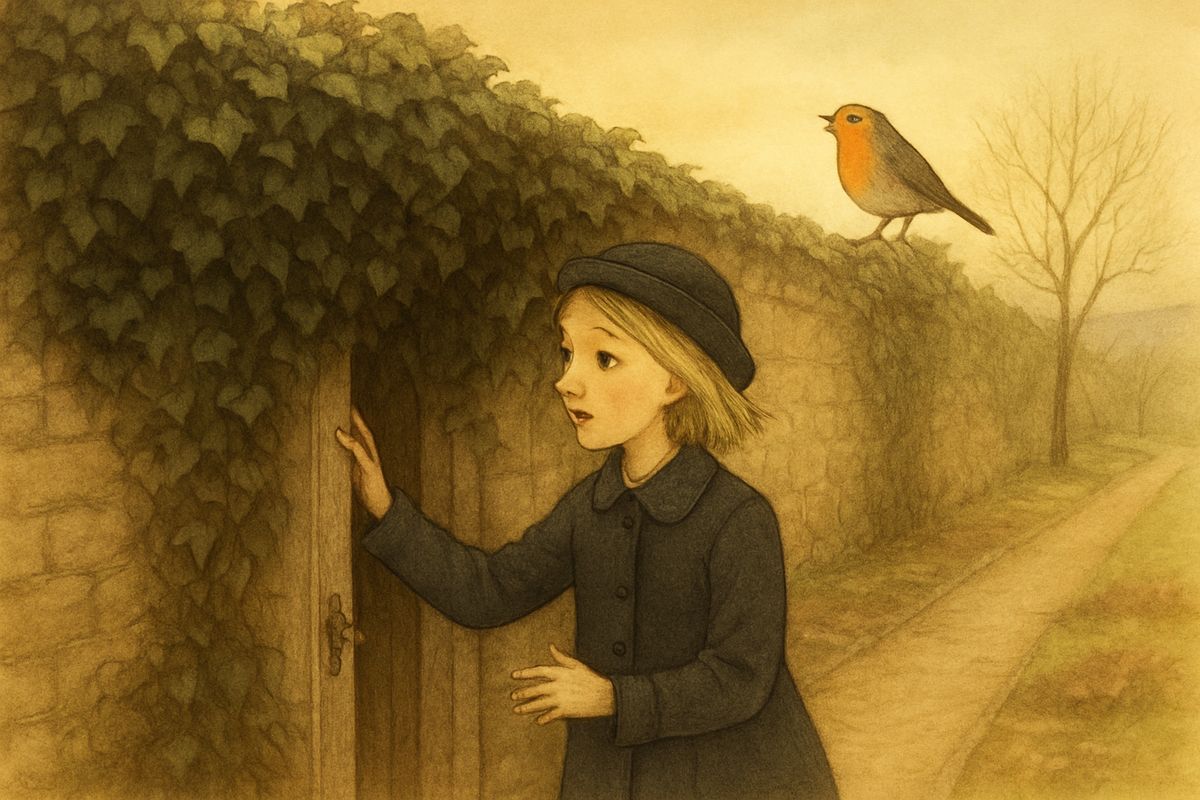 On her own walk the robin sang from the ivy, and Mary told him he ought to show her the door. Just then a gust of wind swung the ivy aside, and beneath it was a round door-knob. Mary found the lock, and the key turned with both hands. She looked behind her, pushed the door slowly open, and slipped inside the secret garden.