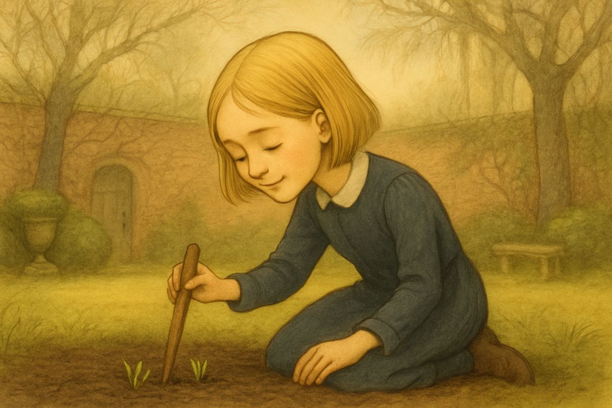 Then, in an old flowerbed, she spied sharp little pale green points poking through the black earth. Something was alive! With a pointed stick she cleared the grass from round them so they could breathe, working for hours. She came in flushed and starving, and that evening Martha helped her print a letter asking Dickon to buy seeds and garden tools.