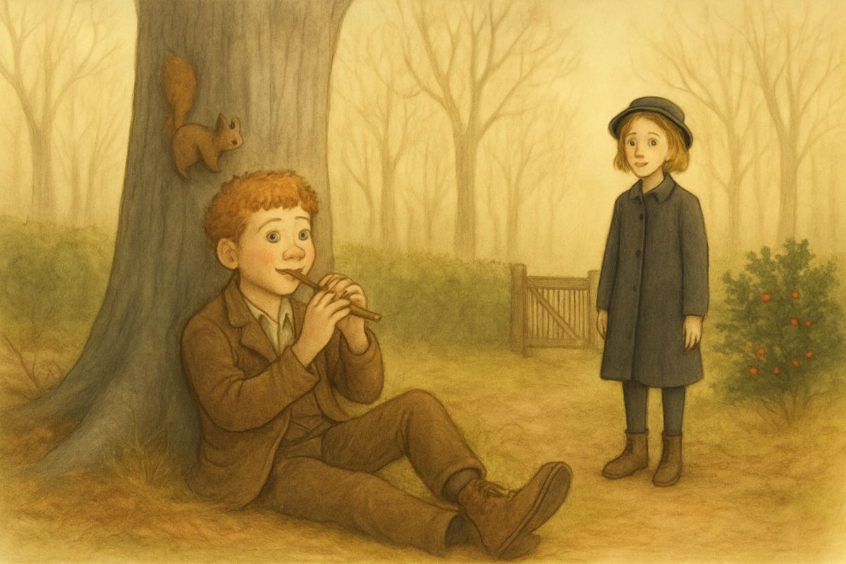 Following a low, strange whistle through the gate into the wood, Mary found a red-cheeked boy piping under a tree while a squirrel, a pheasant and two rabbits crept close to listen. "Don't tha' move," he said softly. "It'd flight 'em." It was Dickon, come with the tools and seeds himself.