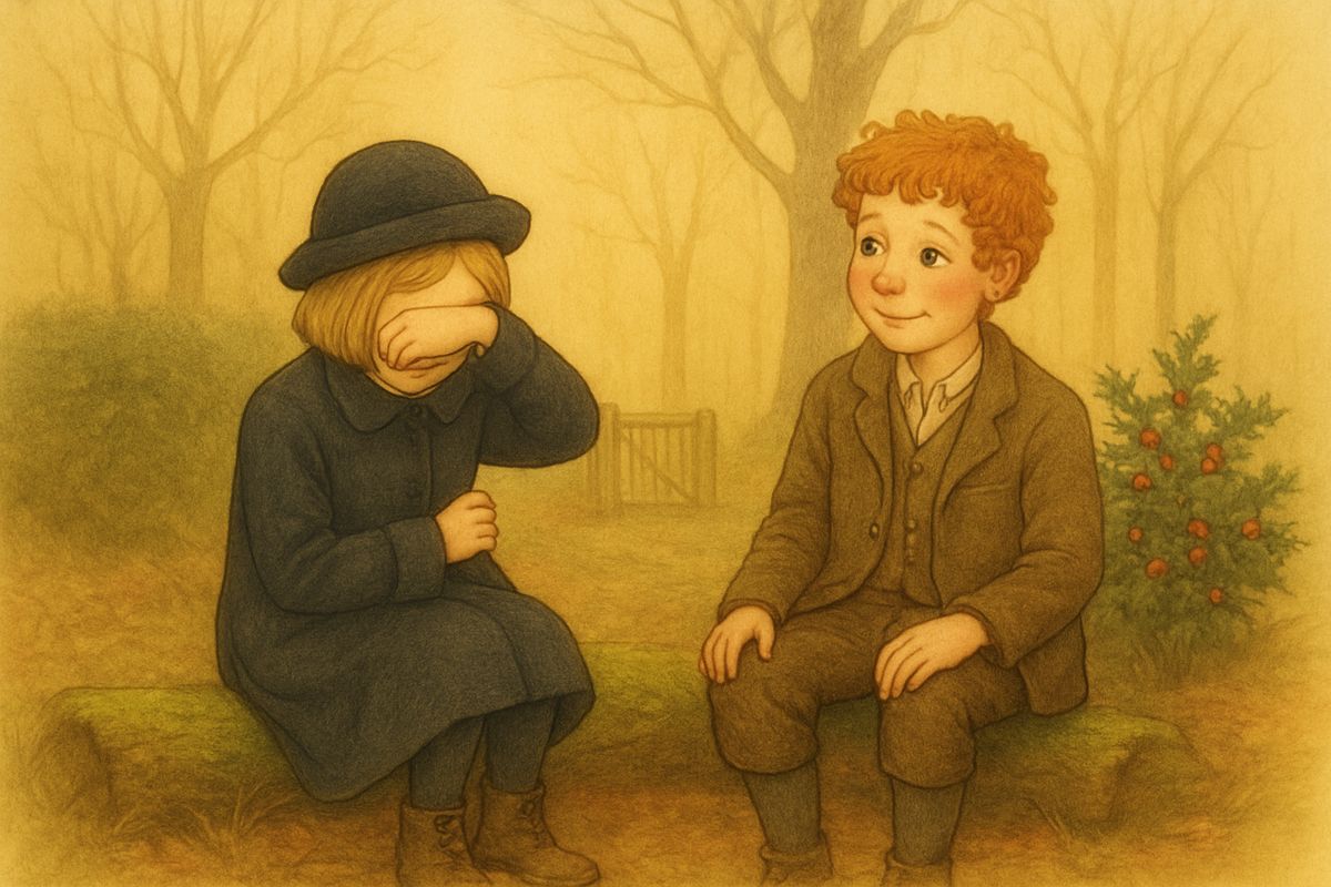 On a log Dickon showed her the seed packets, but when he offered to plant them and asked where her garden was, Mary went red and then pale. Clutching his sleeve, she swore him to secrecy, then burst into tears. "I've stolen a garden. It isn't anybody's. They're letting it die, all shut in by itself."