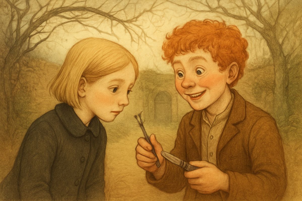 She led him through the ivy door, and Dickon gazed round and round. "It's like as if a body was in a dream." With his knife he cut a grey, dead-looking branch and showed her green inside: it was as "wick" as she was. All morning they cut away dead wood and loosened the soil round the roots together.