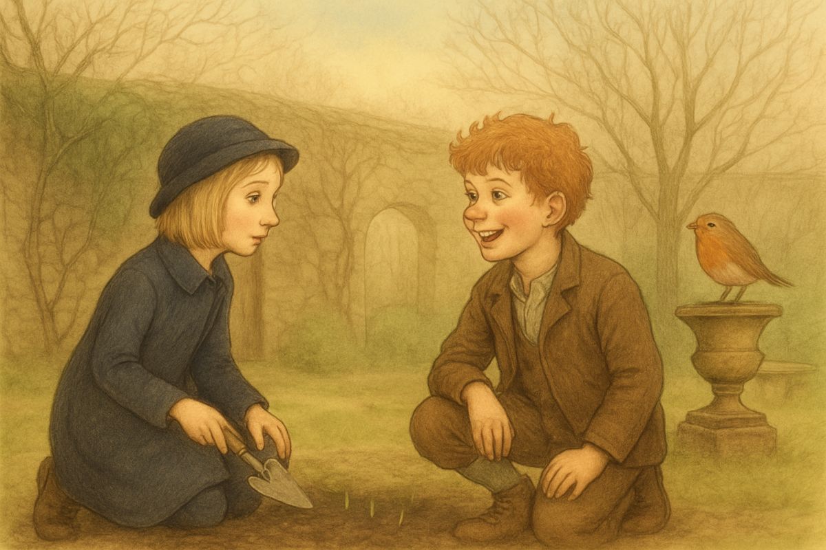 Dickon praised her clearings: crocuses, snowdrops and daffodils, all ready to grow. Kneeling beside him, Mary tried his own Yorkshire: "Does tha' like me?" He liked her wonderful, he said. As she left for dinner she asked once more if he would ever tell, and he promised that her secret was as safe as a missel thrush's nest.