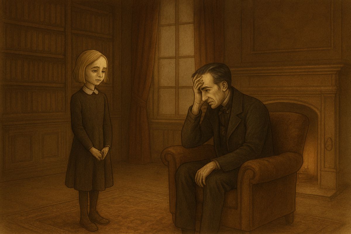 Mrs. Medlock led her far down strange corridors to a study, and left her there. By the fire sat a man with high, crooked shoulders and black hair streaked with white. His face would have been handsome if it had not been so miserable. "I forgot you," he said. "How could I remember you?"