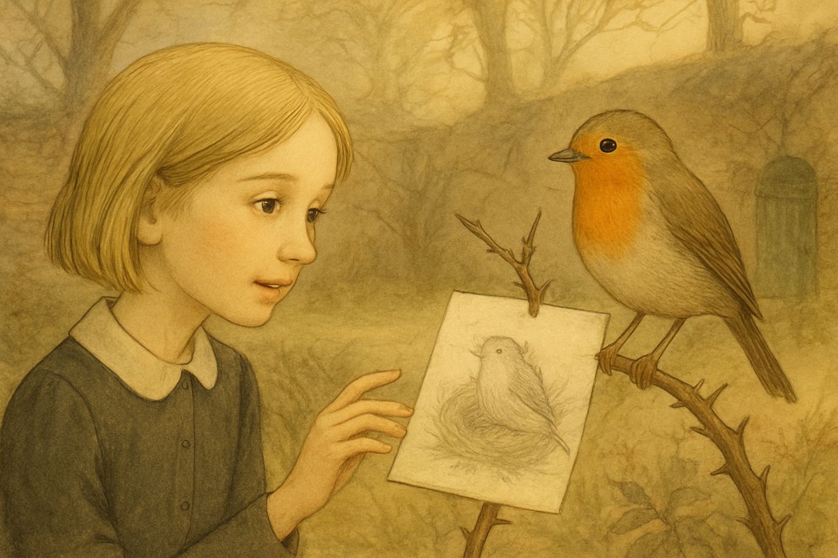Mary raced back to the garden, but Dickon was gone; only the robin watched from a rose-bush. "Was he only a wood fairy?" she wondered. Then she saw a scrap of paper pinned to the bush with a long thorn: a rough drawing of a bird sitting on its nest, and under it the words "I will cum bak."