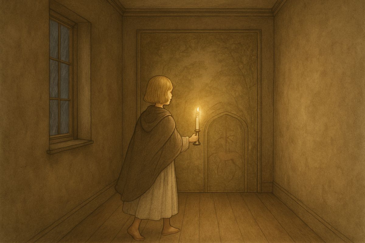 One wild spring night the wind wuthered round the old house and kept Mary awake, until she heard that faint, far-off crying again. Taking her candle, she crept down the long dark corridors with her heart thumping and pushed through the tapestry door. "I am going to find out what it is," she whispered.