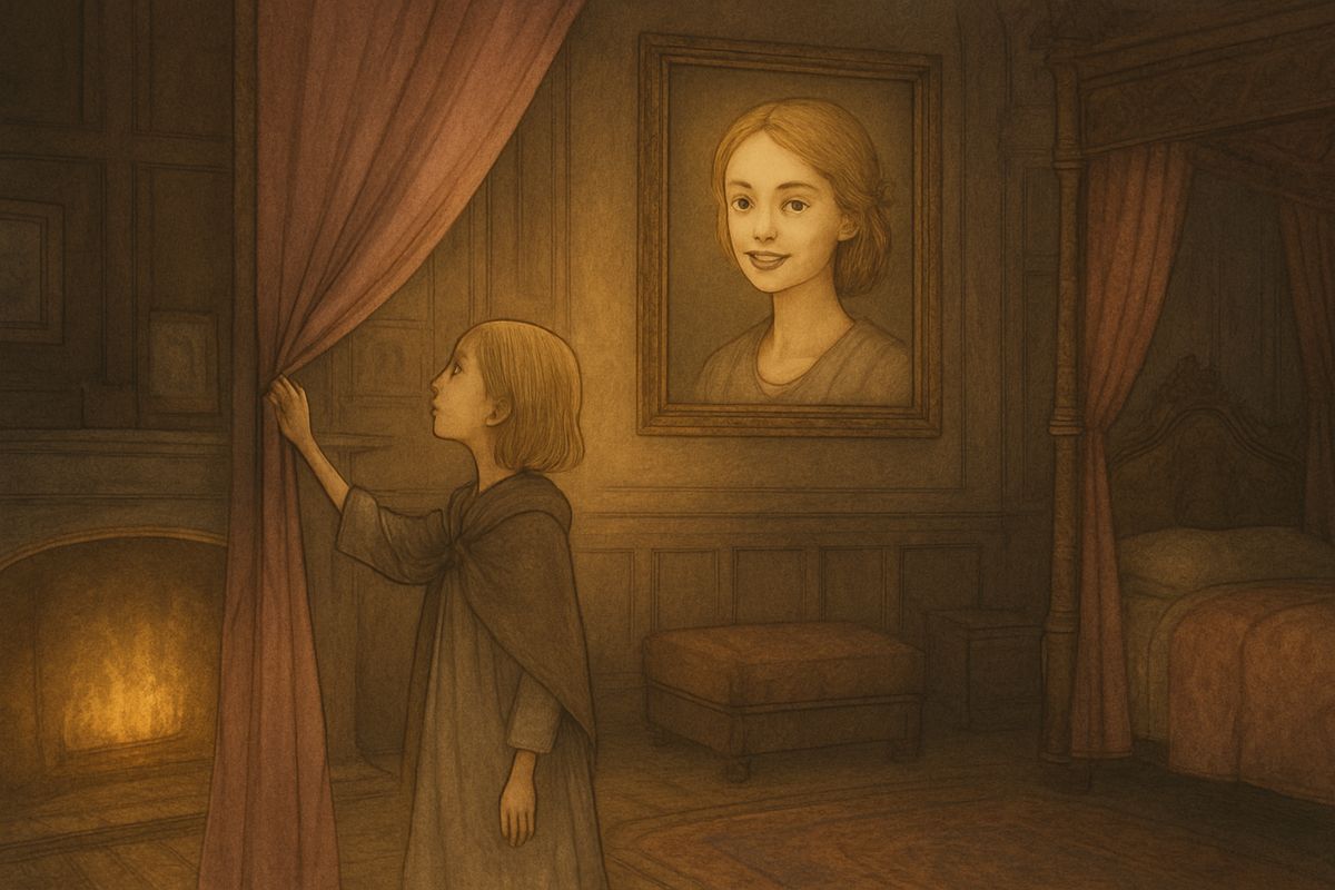 Colin liked a secret far better than ordering people about. Then he had Mary pull a cord, and a rose-silk curtain slid back from a portrait of a laughing girl with a blue ribbon in her bright hair and eyes just like his. "She is my mother," said Colin. "I don't see why she died."