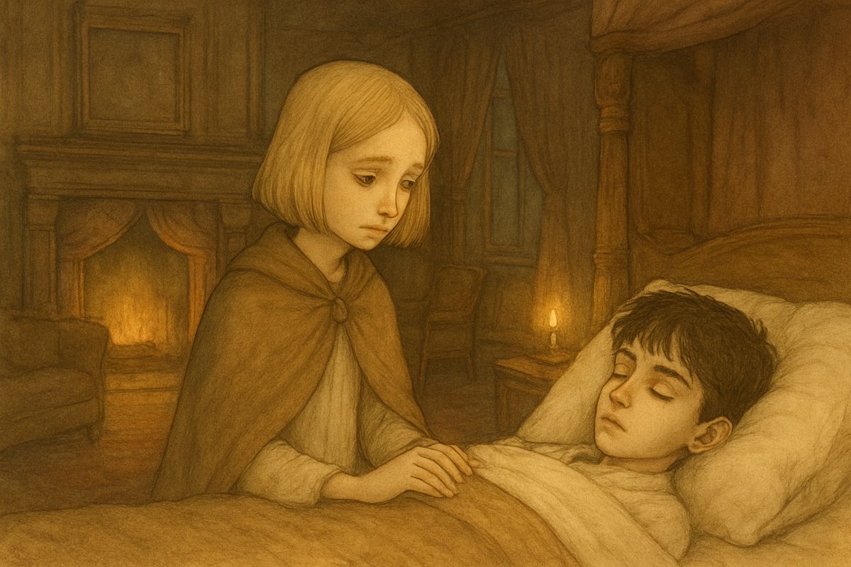 When his eyes grew heavy, Mary drew her footstool close and did what her Ayah used to do in India: she stroked and patted his hand and sang a low little Hindustani song. Soon his black lashes lay against his cheeks, and she crept away with her candle.