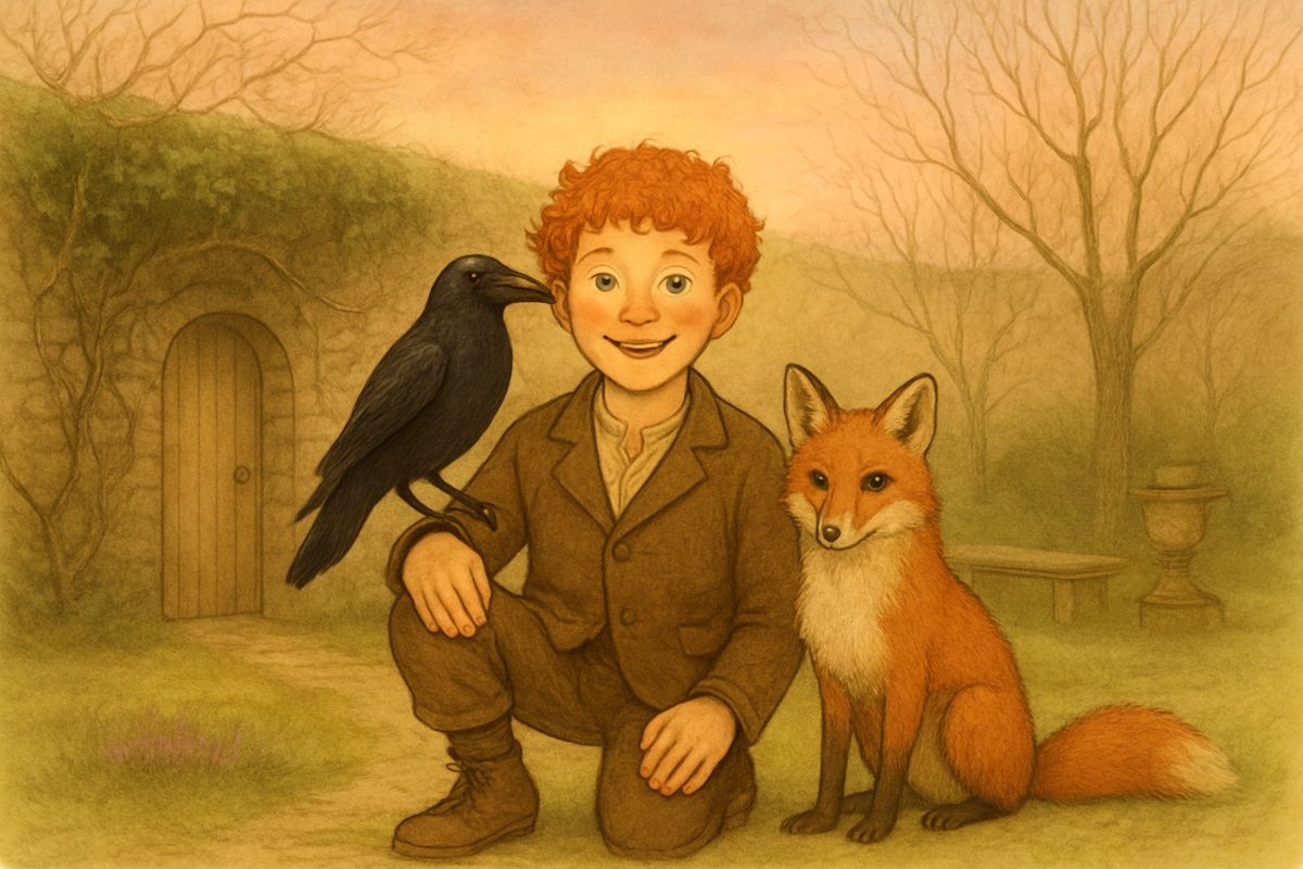 On the first sunny morning Mary woke at dawn, dressed in five minutes and slipped out by a side door. The grass had turned green and birds sang everywhere. Inside the secret garden Dickon was already at work, with Captain the fox cub and Soot the rook. "Th' world's all fair begun again this mornin'," he laughed.