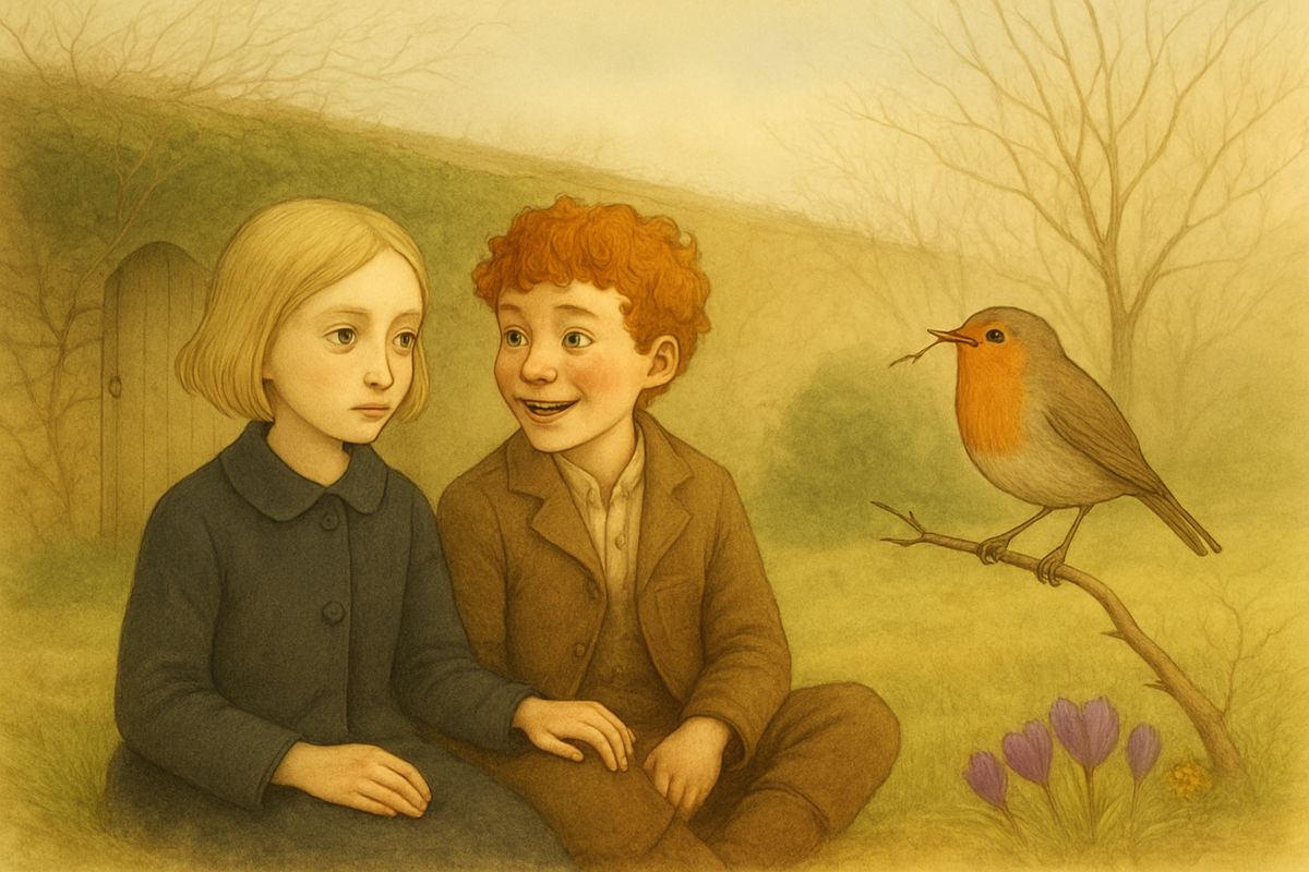 Crocuses had burst into purple and gold, rose stems showed swelling buds, and a green veil was creeping over the grey walls. When the robin flew in with a twig, the children sat as still as grass. Very softly they made their plan: Dickon would push Colin's chair, and they would bring him into the garden in secret.