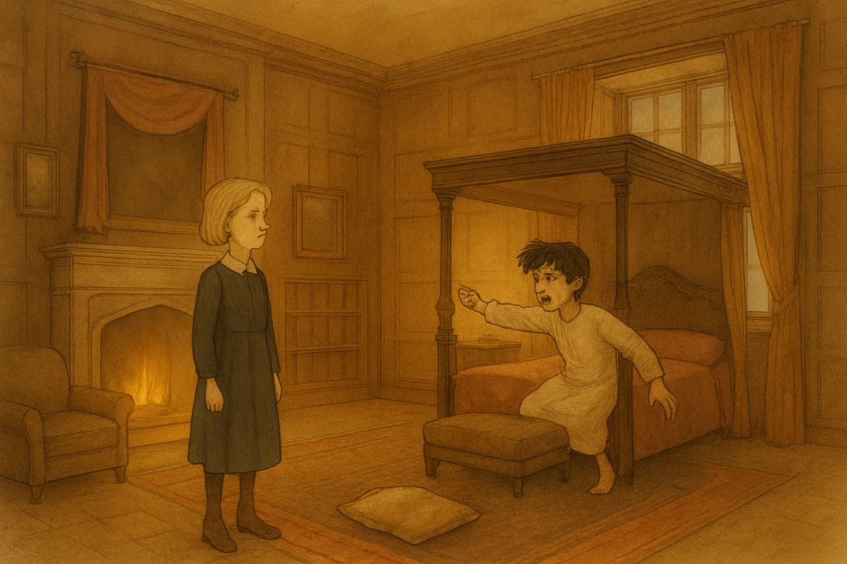 Mary forgot Colin and stayed in the garden all day, weeding and pruning with Dickon in golden light. That evening she found Colin sulking in bed. They quarrelled fiercely. "Shall they, Mr. Rajah!" Mary cried, and Colin threw his pillow at her, though it fell at her feet. "I'm going," she said, "and I won't come back!"