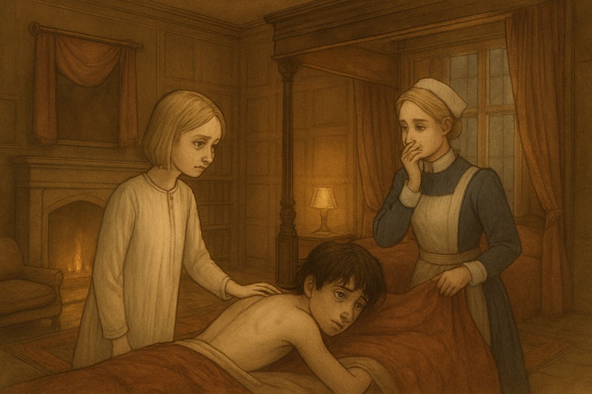 In the night terrible screams woke the house. The pale nurse begged Mary to come, and Mary stormed in shouting, "Hysterics!" Colin sobbed that he had felt a lump on his back, so Mary made the nurse show her. She examined his thin back like a stern little doctor. "There's not a single lump there!" she declared.
