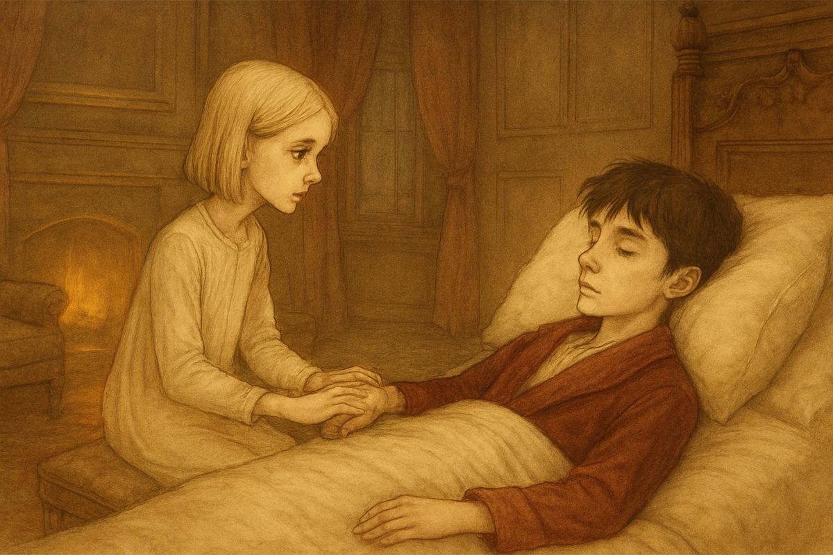 Colin's terror melted into relief, and the two children made up, reaching for each other's hands. When the nurse had gone, Mary sat close by the bed and described the garden in spring in a low, slow voice: roses climbing, crocuses rising, a green veil creeping over everything. "Perhaps the robin has found a mate," she whispered. And Colin was asleep.