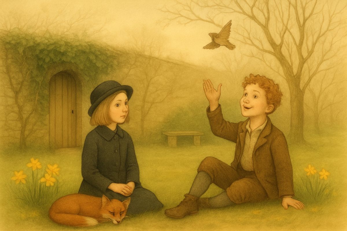 The morning after Colin's tantrum, Mary ran out to the secret garden, where Dickon sat under the apple tree with Captain, Soot and two tame squirrels called Nut and Shell. When she told him about Colin, he looked up at the sky full of birds. "We mun get him out here," he said, "an' get him just soaked through wi' sunshine."