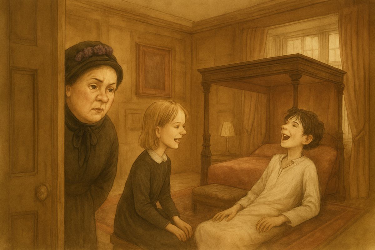 Back at Colin's bedside, Mary talked the broadest Yorkshire she could until they both laughed so hard the room echoed. Mrs. Medlock, about to come in, drew back into the corridor and listened in amazement. Then Mary held both his hands and whispered the real secret: Dickon would come tomorrow, and "there is a door into the garden. I found it."