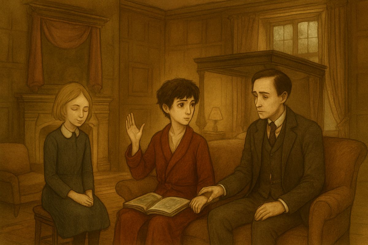 That afternoon Dr. Craven came expecting a shaken, sobbing boy and found Colin sitting up on his sofa over a garden book, announcing like a young Rajah that he would go out in his chair with his cousin, and Dickon would push it. Downstairs Mrs. Medlock repeated what Dickon's mother had told her: "She's a child, an' children needs children."