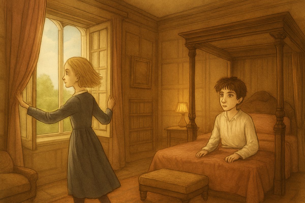Colin slept all night and woke smiling. Soon Mary came running in, windblown and pink-cheeked, smelling of leaves. "It has come! It has come, the Spring! Dickon says so!" she cried. She flung the window wide, and fresh air and birdsong poured in while Colin lay back and drew in long breaths of it.