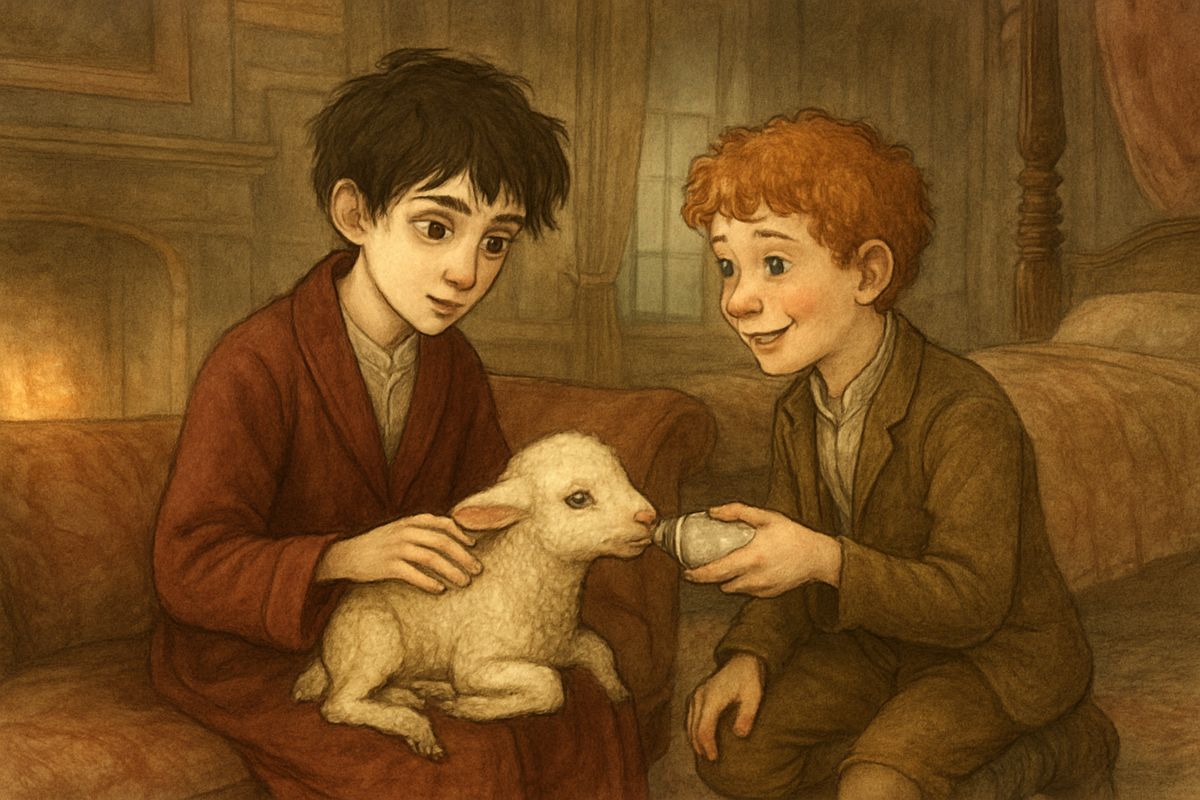 After breakfast they heard a caw and a tiny bleat, then Dickon's boots clumping along the corridor. He came in smiling with the fox at his side and squirrels and crow on his shoulders, and set the newborn lamb on Colin's lap. Kneeling, he gave it its bottle, and as it sucked hungrily, Colin forgot all shyness and the questions poured out.