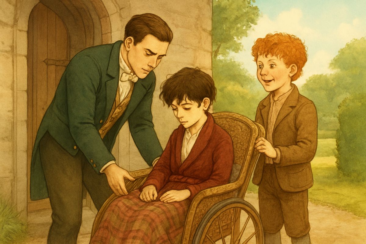 That afternoon the strongest footman in the house carried Colin downstairs and settled him in his wheeled chair among rugs and cushions, where Dickon was waiting. The Rajah waved them off with the same grand words, and the footman and nurse hurried inside to giggle in private.