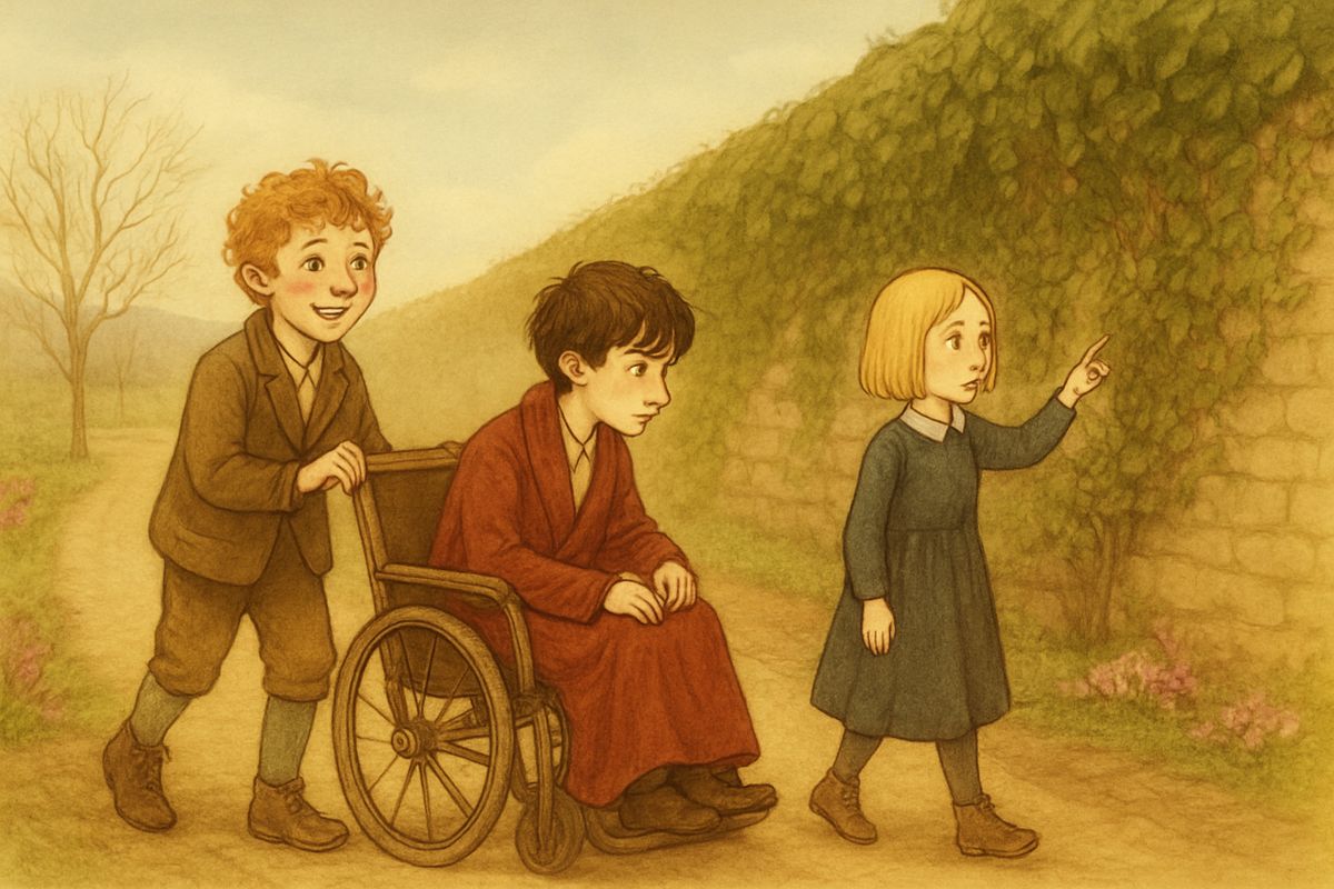 Dickon pushed the chair slowly along their roundabout route, and Colin lifted his face to the sky and drank in the scent of gorse from the moor. In the Long Walk by the ivied walls they began to whisper, as Mary pointed out each place: "This is where the robin flew over the wall."