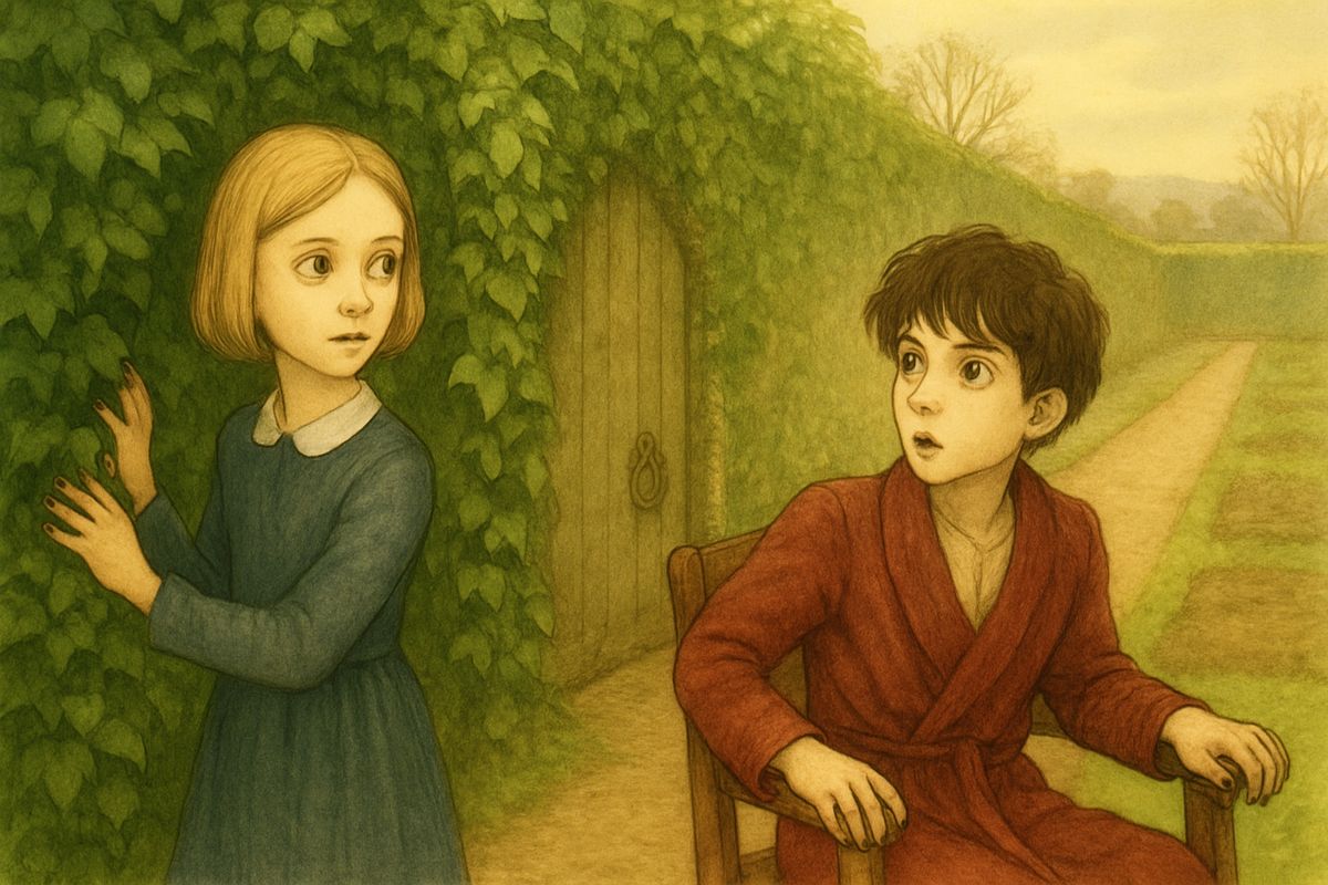 Under the big lilac Mary showed where the robin had uncovered the key, and Colin sat bolt upright. Then she stepped close to the wall and lifted the hanging green curtain of ivy. "Here is the handle, and here is the door. Dickon, push him in—push him in quickly!"