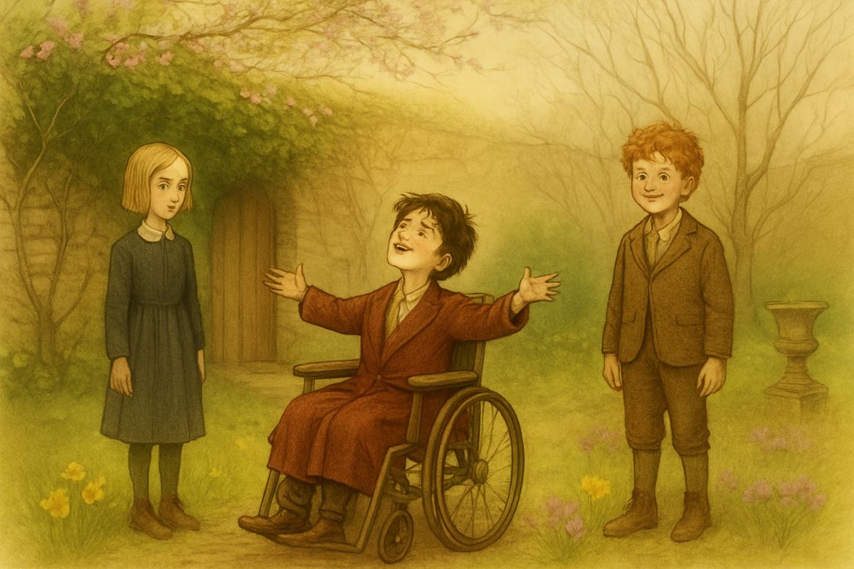 Colin covered his eyes until the door had shut behind them. Then he looked round and round at green leaves, blossoming trees, gold and purple flowers and warm sun, and a pink glow crept into his ivory face. "I shall get well! I shall get well!" he cried. "And I shall live forever and ever and ever!"