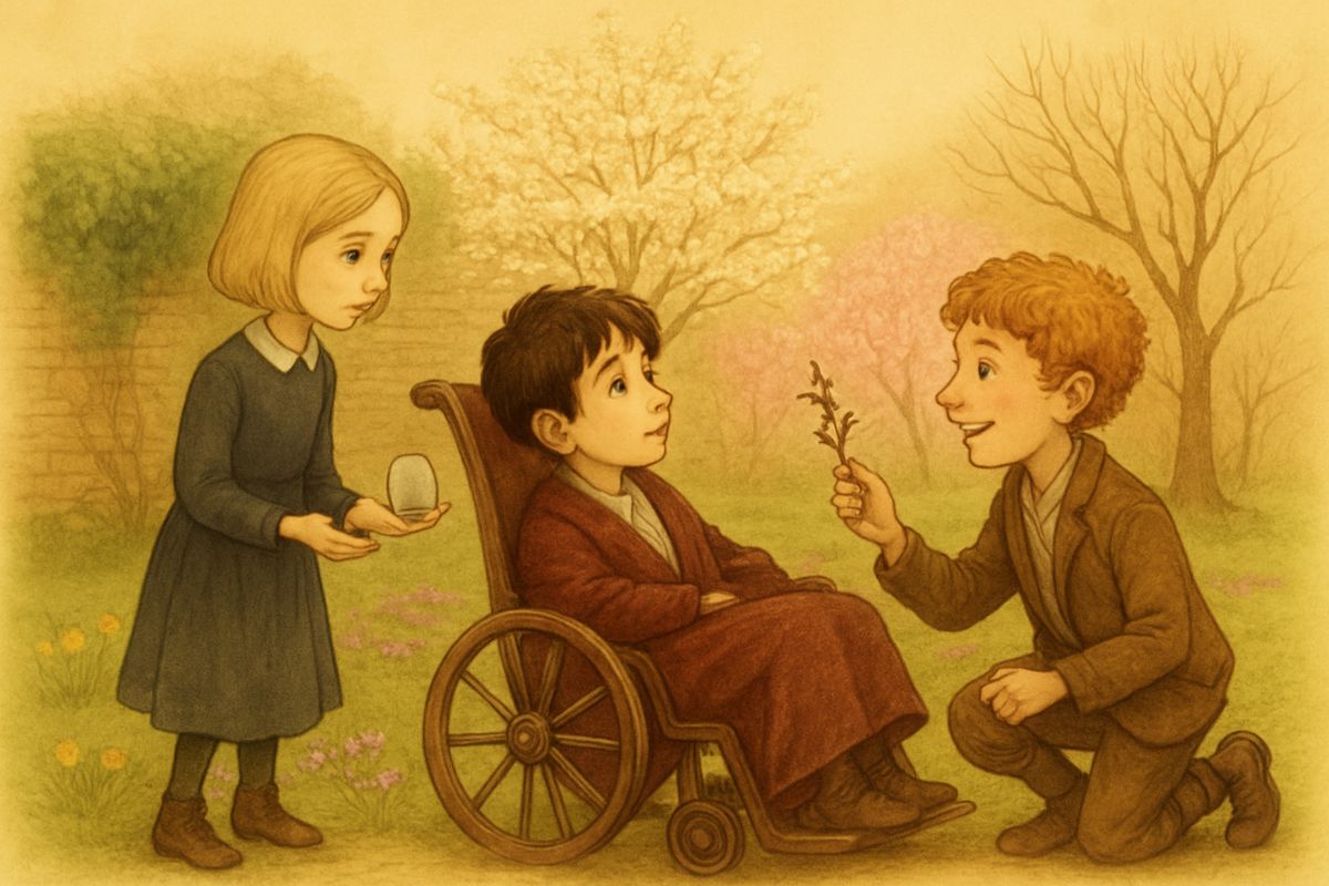 Under the plum tree, white with blossom and humming with bees, Colin lay back in his chair like a fairy king beneath his canopy. Mary and Dickon brought him treasures one by one: buds opening and buds shut tight, a woodpecker's feather, the empty shell of a bird hatched early.